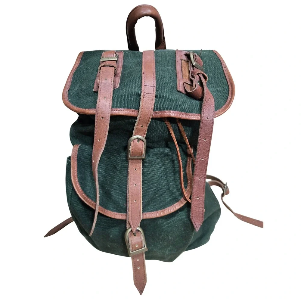 Vintage Green Canvas Leather Rucksack Backpack‎ Cowhide Trim
